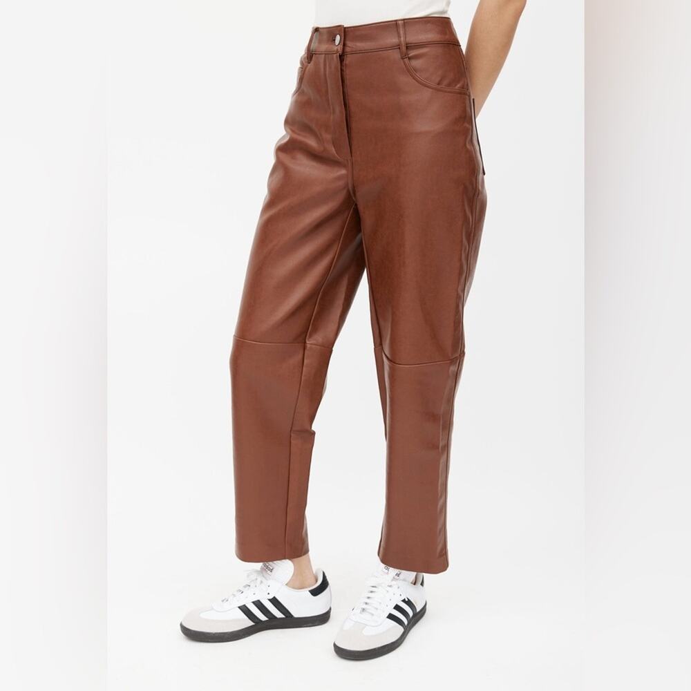 Aritzia Wilfred Free Oracle Brown Faux Leather High Rise Button Fly Pants Size 0
